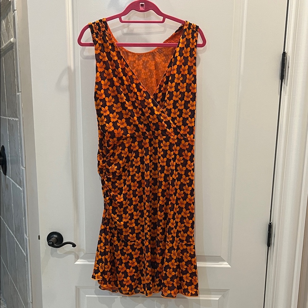 Cabi Vibrant Orange And Black Patterned Mini Dress - image 1